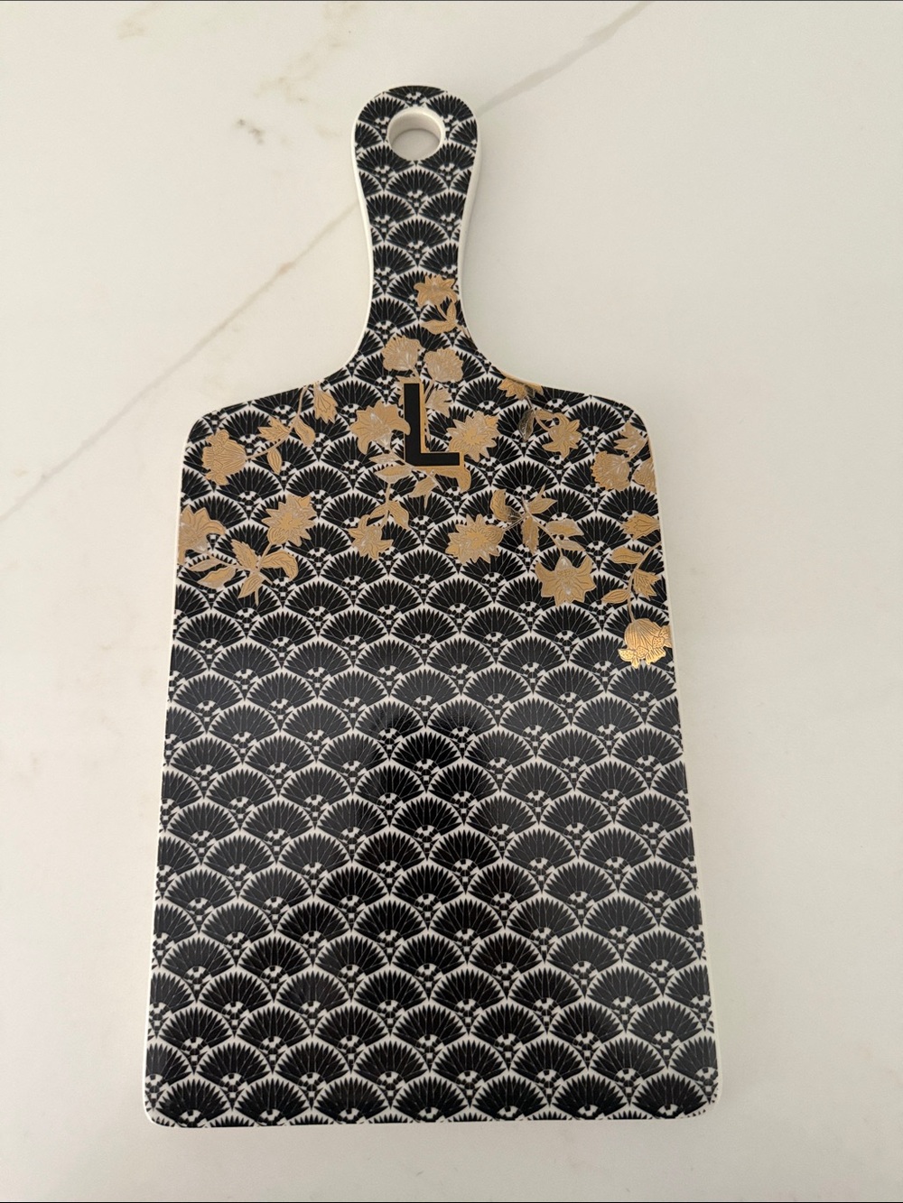 Anthropology Monogram L Black & Gold Patterned Serving/Charcuterie Board